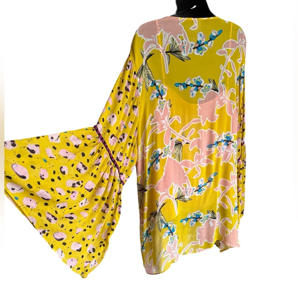 👘ANTHROPOLOGIE Floral Yellow Kimono, One Size - Picture 7 of 11